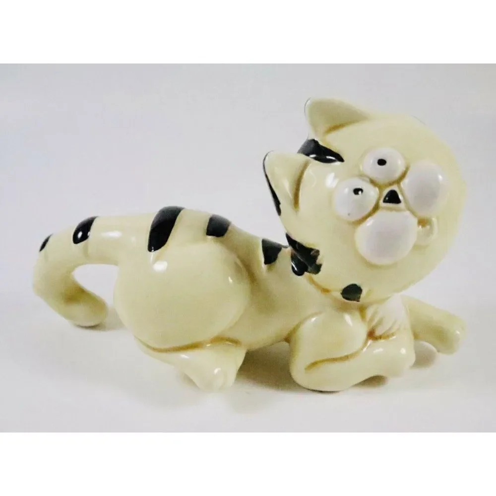 Vintage Ceramic Striped Funny Face Cat Figurine Silly Kitty Chubby Cheeks Kawaii